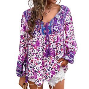 Floral Boho Top Long Sl Blouse Print Cross Deep V S-XL Beautiful Blue Purple